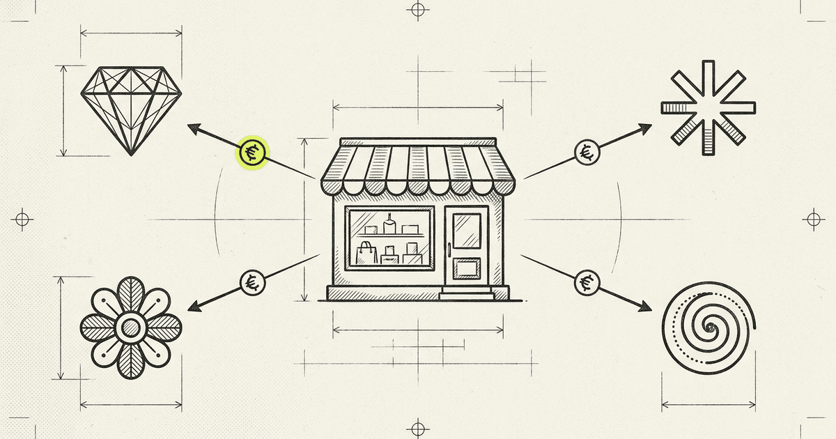 A central line-art ecommerce storefront (with a small awning and product-display window), four AI-agent symbols (a…