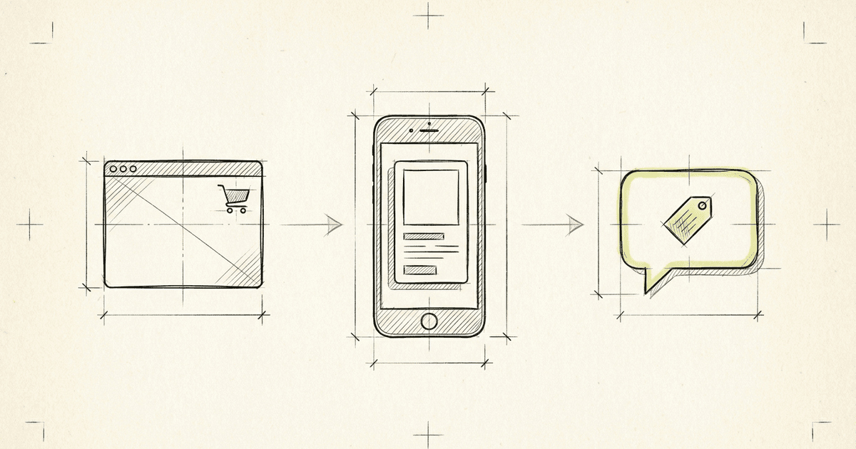 A browser window with a tiny shopping cart, then a smartphone displaying a product card, then a chat bubble with a small…