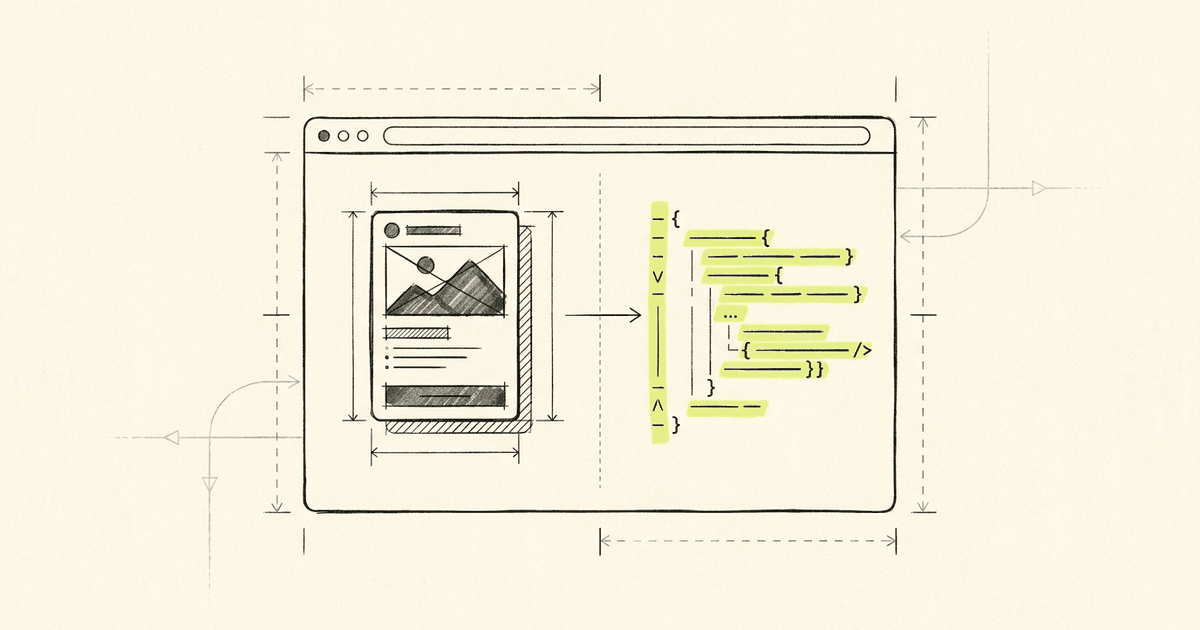 A line-art browser window showing a product card on the left, and an abstract code-snippet block (curly braces and…